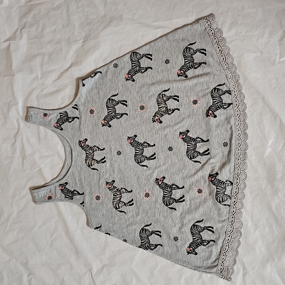Justice Girls Size 18 Gray Sleeveless Swing Tank Lace Trim, Zebra Graphics Used